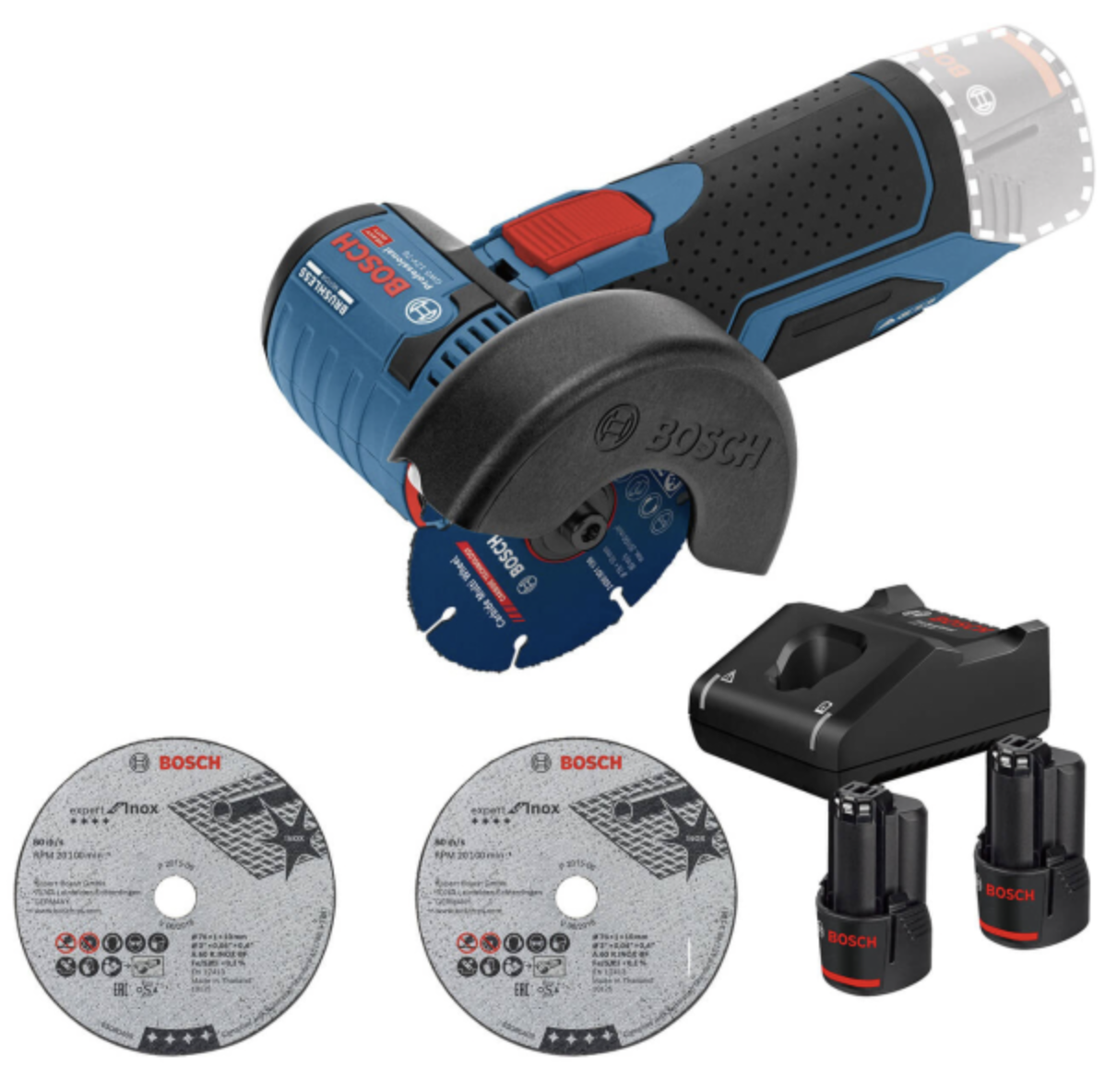 Mini-Winkelschleifer Bosch GWS 12V-76 Professional mit 2 Akkus GBA 12V 2.0 Ah und Ladegerät GAL 12V-40 (06019F2000+1600A019R8)